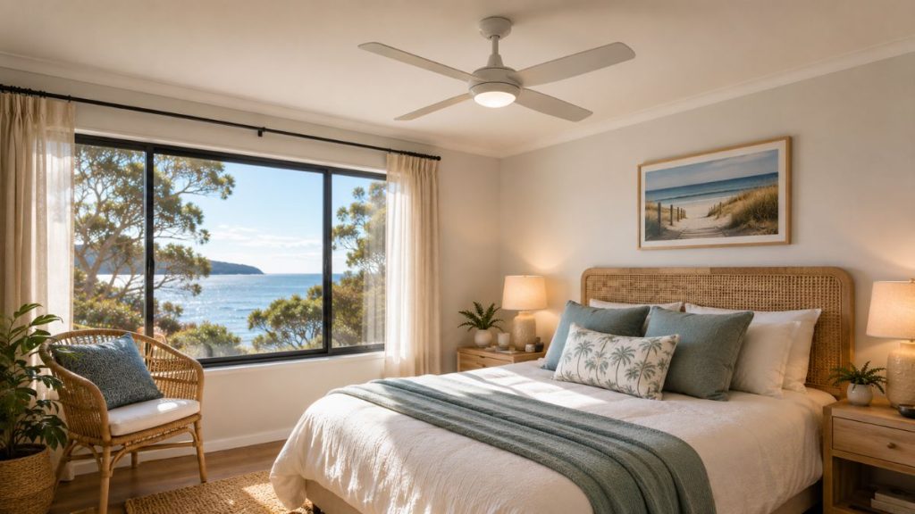 A ceiling fan and subtle, well-placed lighting, including lamps, can add to the coastal feel of your Fleurieu holiday home.